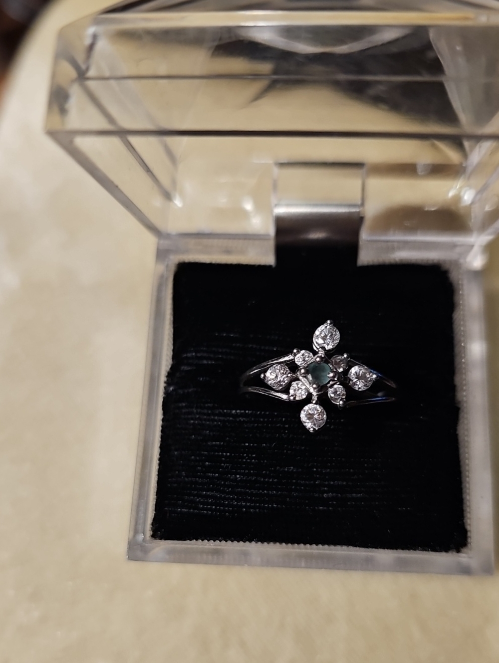 Sterling Silver Floral Cluster Ring with Green Center Stone